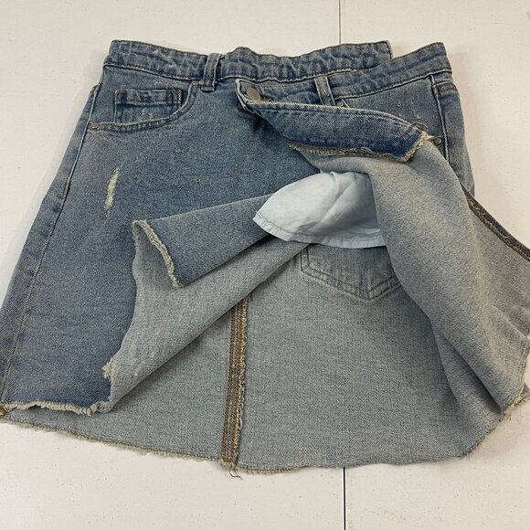 Tinseltown Distressed Denim Mini Skirt With Frayed Hem & Pockets Vintage Look - Picture 14 of 14